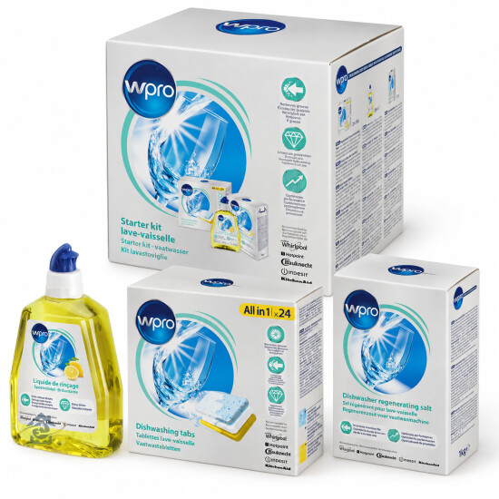 Kit d'entretien lave-vaisselle WPRO 484010678192 (tablettes + sel régénérant + liquide de rinçage)